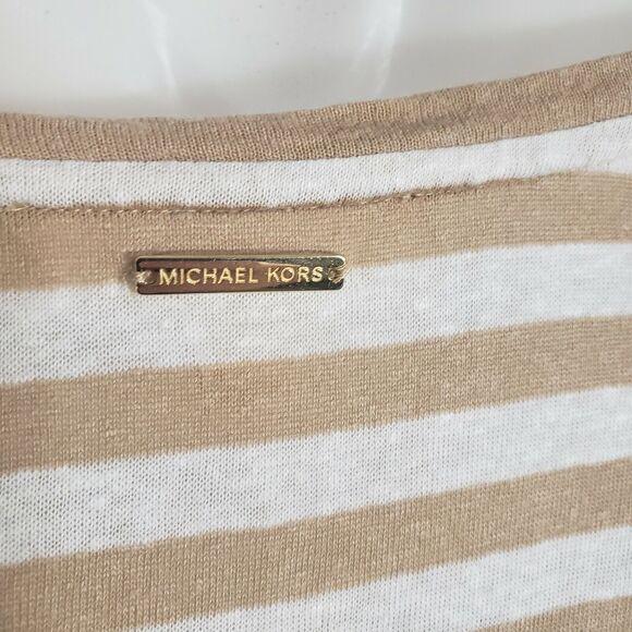 Michael Kors Women's Top Large Striped Linen Blend Beige Front Tie Short Sleeve - Picture 8 of 10